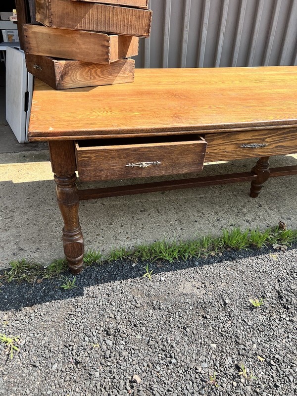 c1900 massive oak Trestle style table great patina 9’/42/30.5” - 10 drawers gallery