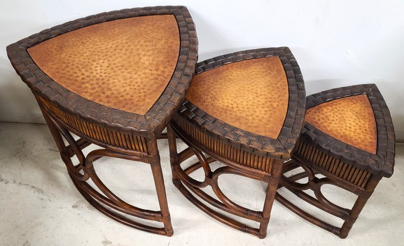 (3) Vintage Bamboo Rattan Coconut Shell Ostrich Nesting Tables gallery