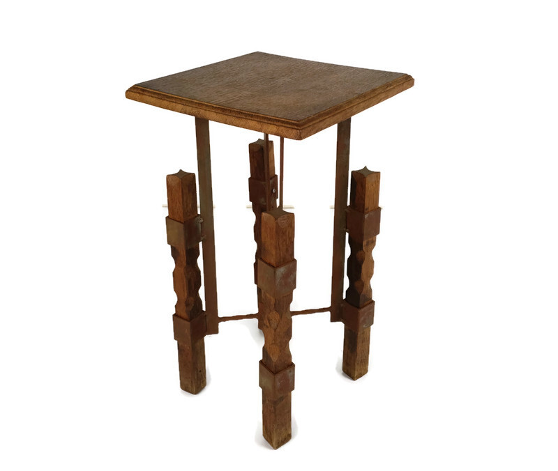 Industrial Steampunk Rustic Pedestal Plant stand Side table Wood Iron funky vint