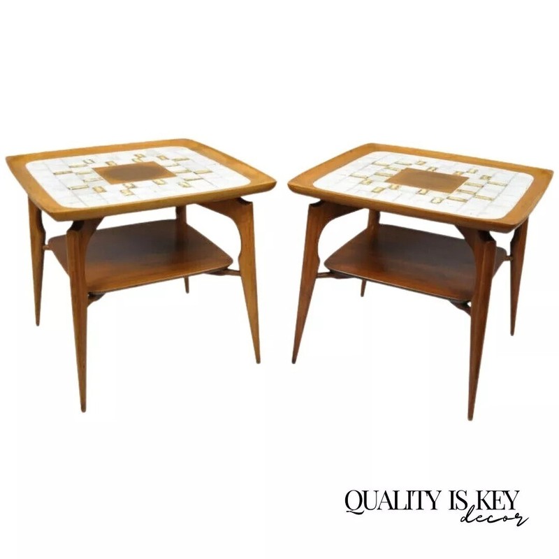 Vintage Mid Century Danish Modern Walnut Tile Top Sculptural End Tables – a Pair
