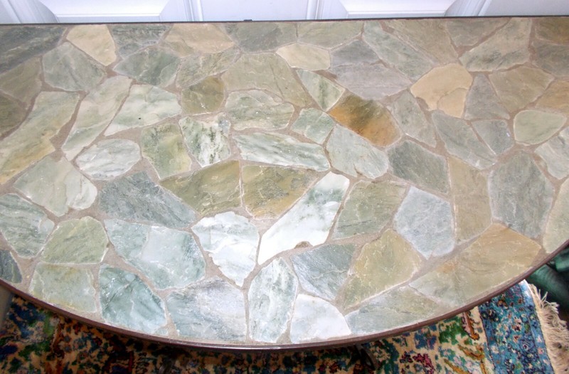Vtg ROCK STONE MOSAIC CONSOLE Accent TABLE Demi Lune Wrought Iron Villa Garden gallery