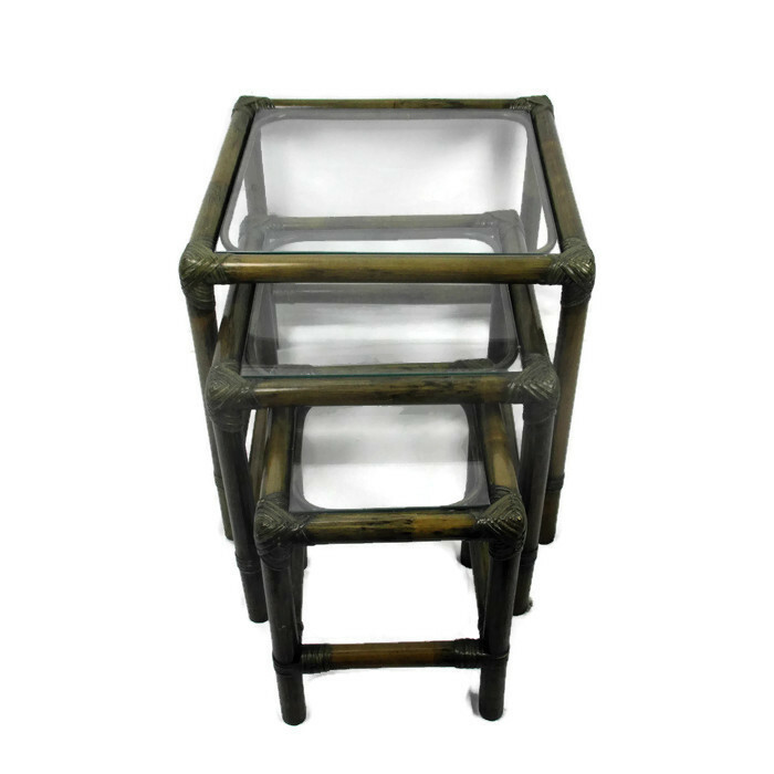 Set of 3 Vintage Nesting Coffee Side Tables Faux Bamboo Rattan Lounge