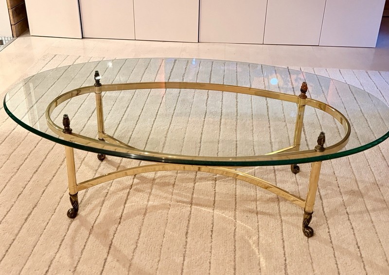Vintage Labarge Hollywood Regency Brass & Glass Hooved Feet Coffee Table 60’MCM gallery