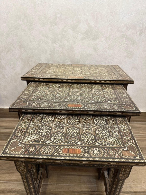 Rare Vintage Damascus Inlaid Nest of 3 Tables 1940s Mother of Pearl Tunbridge gallery