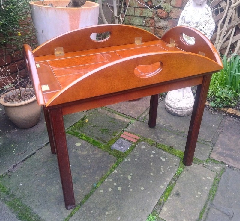 Antique Vintage Wooden Butlers Table With Lift Off Tray Brass Fittings