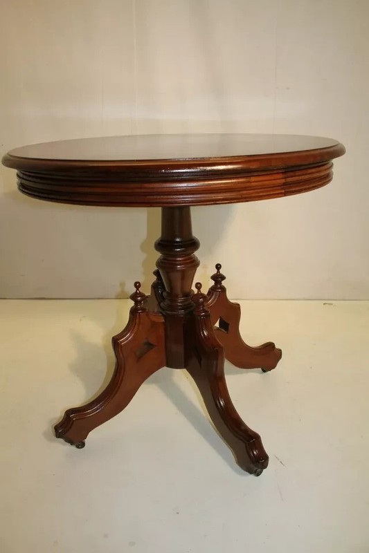 19th Century Victorian Solid Walnut Round Parlor Table on Casters, Elegant Side