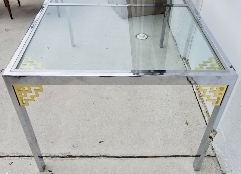 MCM 1970's MASTERCRAFT Style Hollywood Regency Chrome and Glass Dining Table 60" gallery
