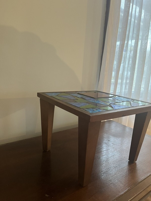 Vintage Green & Blue Glass Mosaic Plant Table. Legs 8” Tall. Table top 12” x 12” gallery