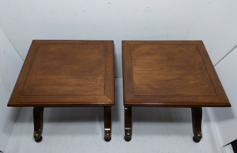Vintage Pair MCM Square Neoclassical English Regency Style Pedestal Wood Tables gallery