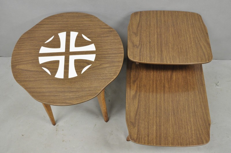 Vintage Mid Century Modern Walnut & Formica Round & Step Side Table Set - 2 pcs gallery