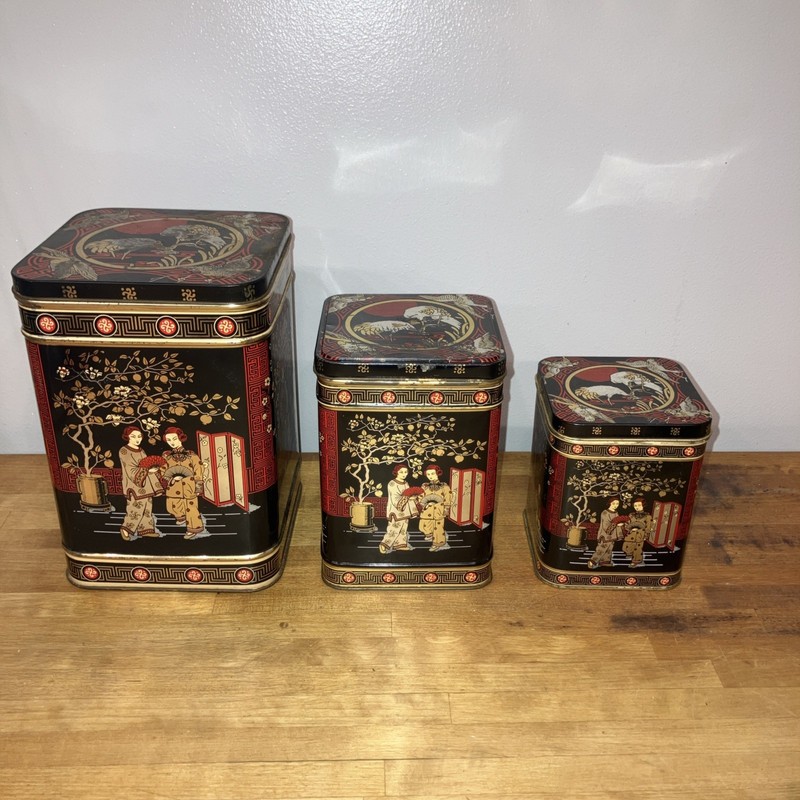Vintage c1970s Oriental Chinese English Made Nesting Tins Set of 3