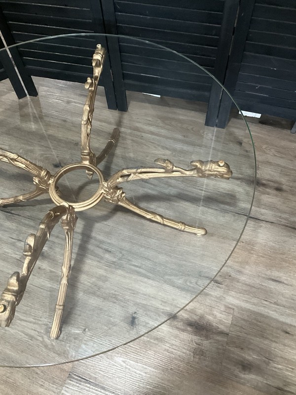 MCM Gold Ornate Metal Coffee Table Round Glass Top Hollywood Regency 70s Italian gallery