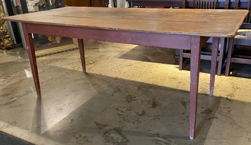 19th c Country Pine Harvest Farm Table with Red Painted Base gallery