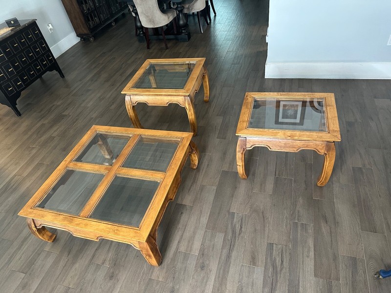 1970s VINTAGE/ANTIQUE GLASS TOP MING STYLE COFFEE TABLE SET OF 3