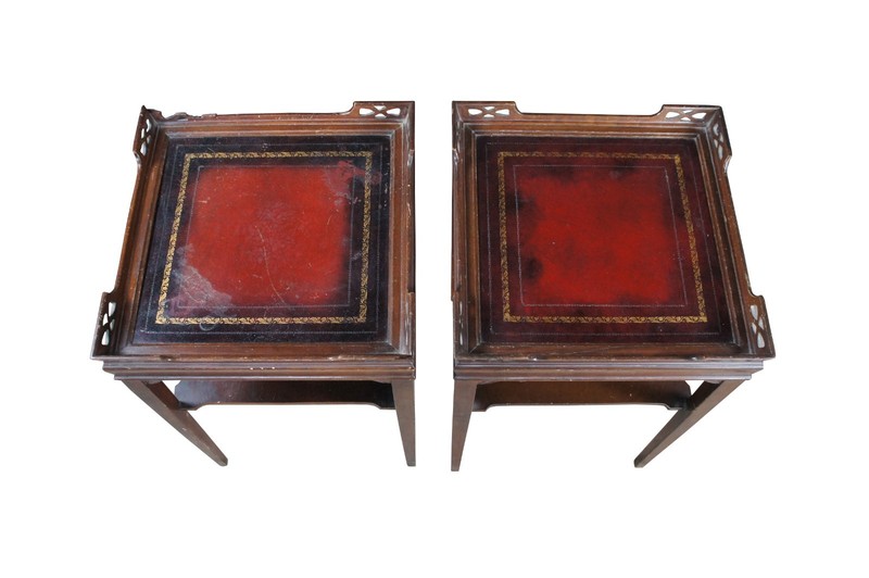 2 Superior Table Mid Century Mahogany Tiered Tooled Leather Side Tables Stands gallery