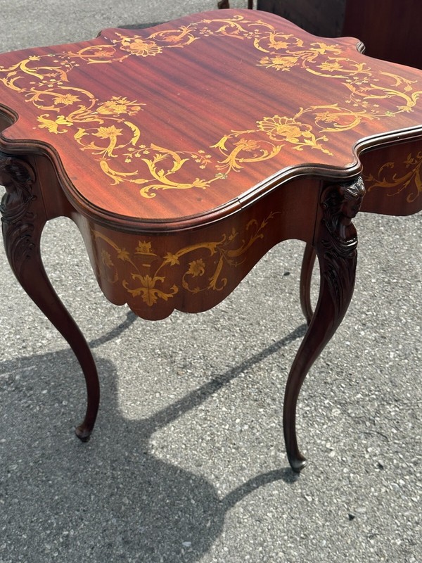 Antique Horner Style Inlaid Parlor Table Victorian Figural Carved 1890 gallery