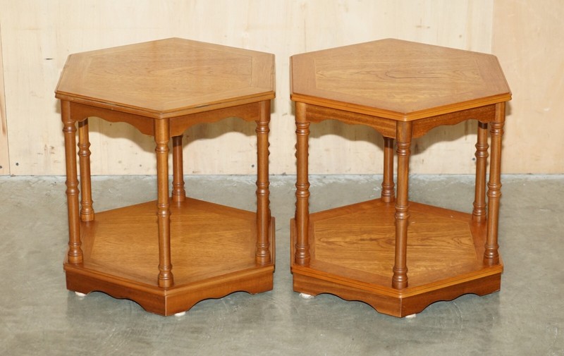 FINE PAIR OF VINTAGE HEXAGONAL SIDE END TABLES WITH CHIPPENDALE BAMBOO PILLARS gallery