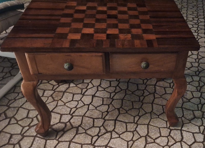 Maple & Walnut Vintage Chess / Checkers Gaming End Table With 2 Drawer Storage