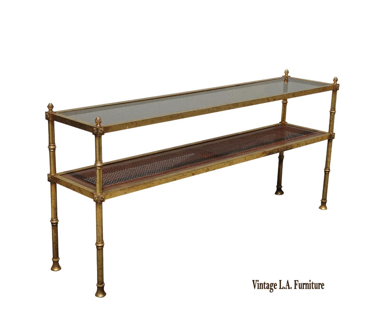 Vintage Hollywood Regency Gold Console Table Sofa Table w Cane Shelf