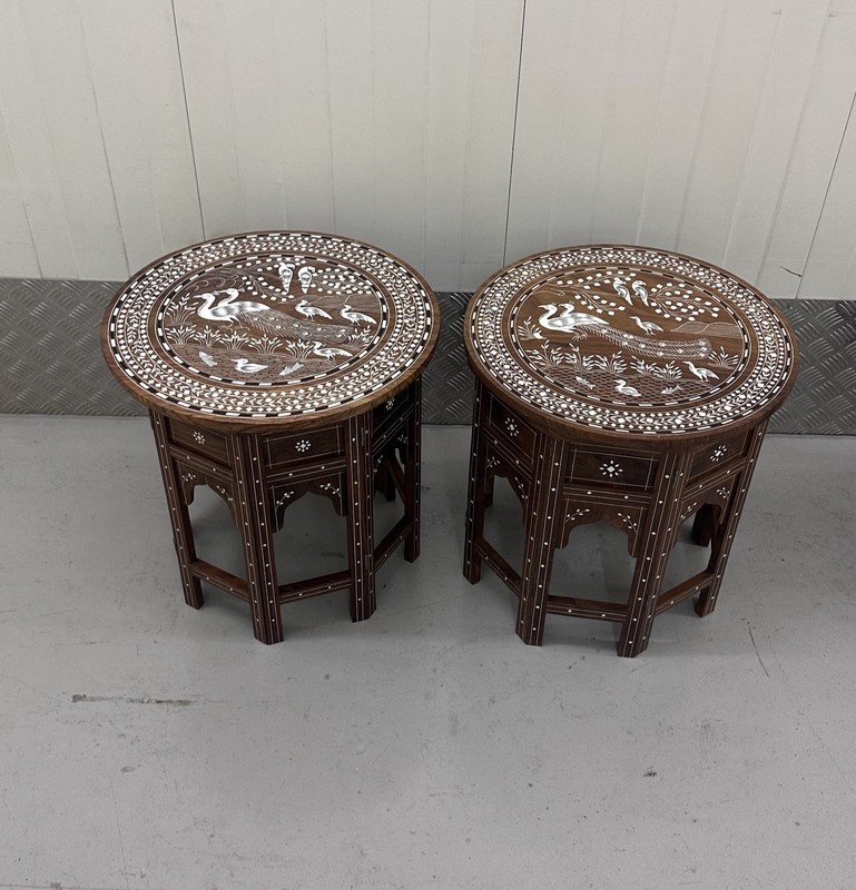 PAIR OF ANGLO INDIAN INLAID PEACOCK JUNGLE DESIGN FOLDING HOSHIARPUR TABLES