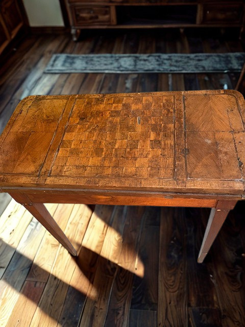Antique Rustic Wood Game Table – Primitive Style w/ Checkerboard Top, c.1910 gallery
