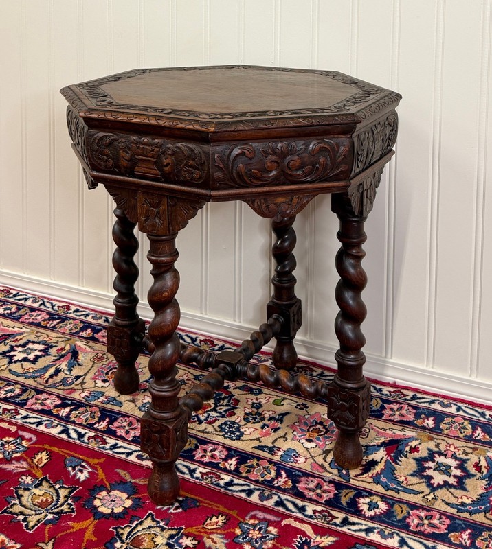 Antique French Octagonal Table Renaissance Revival Carved Barley Twist Oak 19thC gallery