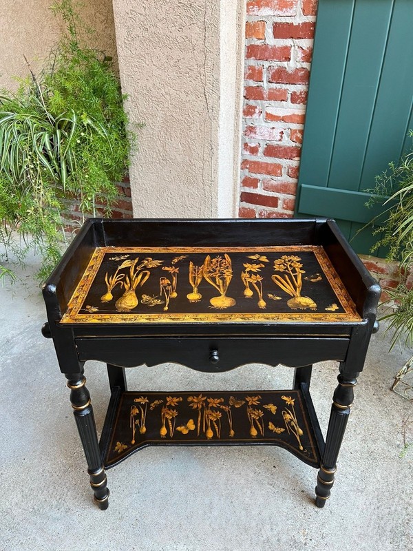 Antique English Sofa Side Table Decoupage Botanical Floral Black Gold c1890