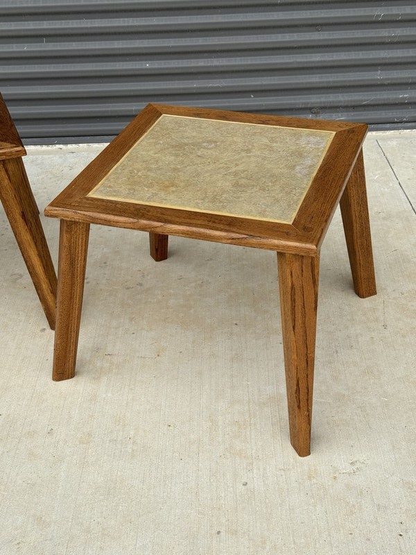 Pair Mid Century Modern HANDMADE Ranch Oak & Inlaid Ceramic Tile Top Side Tables gallery