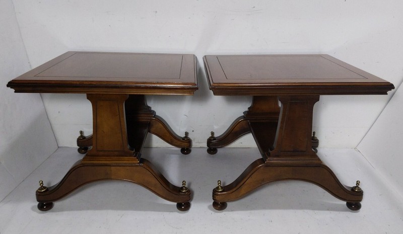 Vintage Pair MCM Square Neoclassical English Regency Style Pedestal Wood Tables gallery