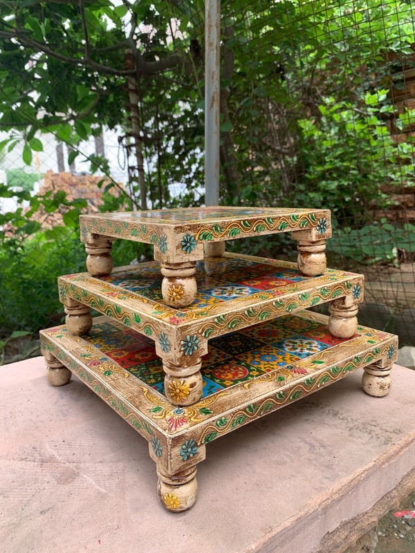 White HandMade Wooden Chowki Set Embossed Antique Design Wooden Table Low Stool gallery