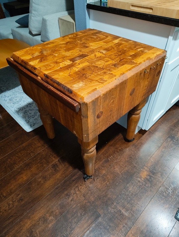 Antique 1920s Solid Maple Butcher Block Table Refinished - on Casters gallery