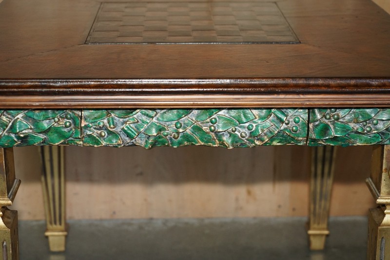 EXQUISITE FULLY RESTORED HAND DYED BROWN LEATHER CHESSBOARD CHESS GAMES TABLE gallery
