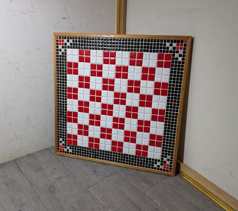 Vintage Ceramic Tile Mosaic Table Top Panel Wall Art Chess Geometric Wood Frame gallery
