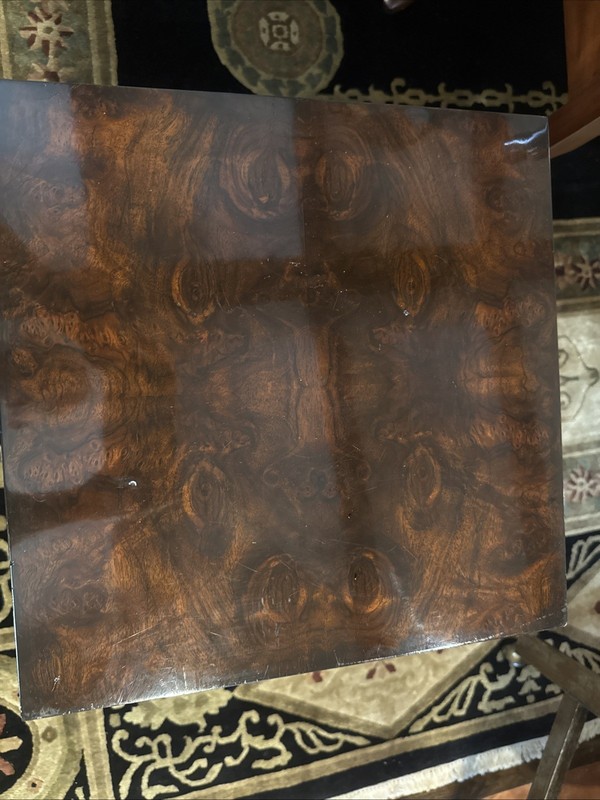 Designer Burl Wood Walnut Side Table Gold Gilt Pedestal Base Art Deco Square gallery