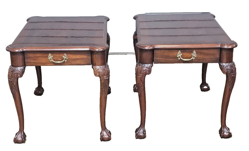 Pair Henkel Harris Chippendale Style Mahogany Claw & Ball Side Tables End Table