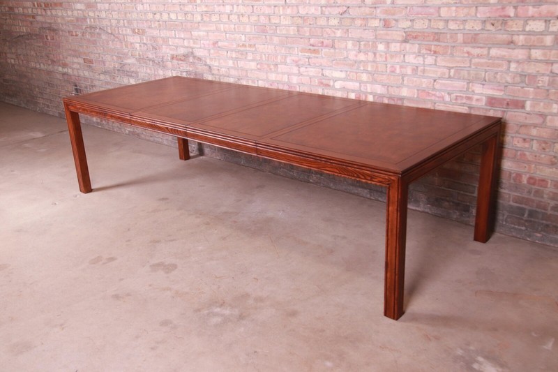 Henredon Mid-Century Modern Burl Wood Parsons Extension Dining Table, Newly Refi