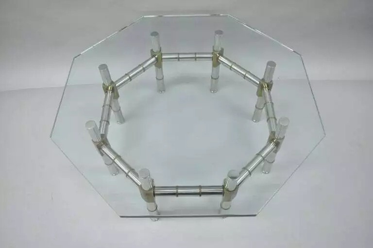 Mid Century Modern Chrome and Brass Faux Bamboo Octagonal Glass Top Coffee Table gallery