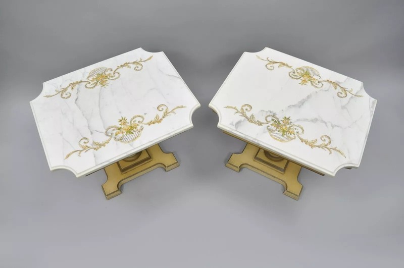 Vintage French Provincial Style Marble Top Wood Urn Base Side Tables - a Pair gallery