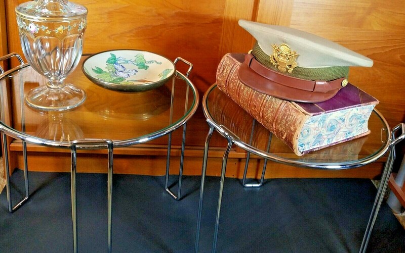 Mid Century Modern Saporiti Set of 2 Chrome Glass Round Nesting Side Tables 60s gallery