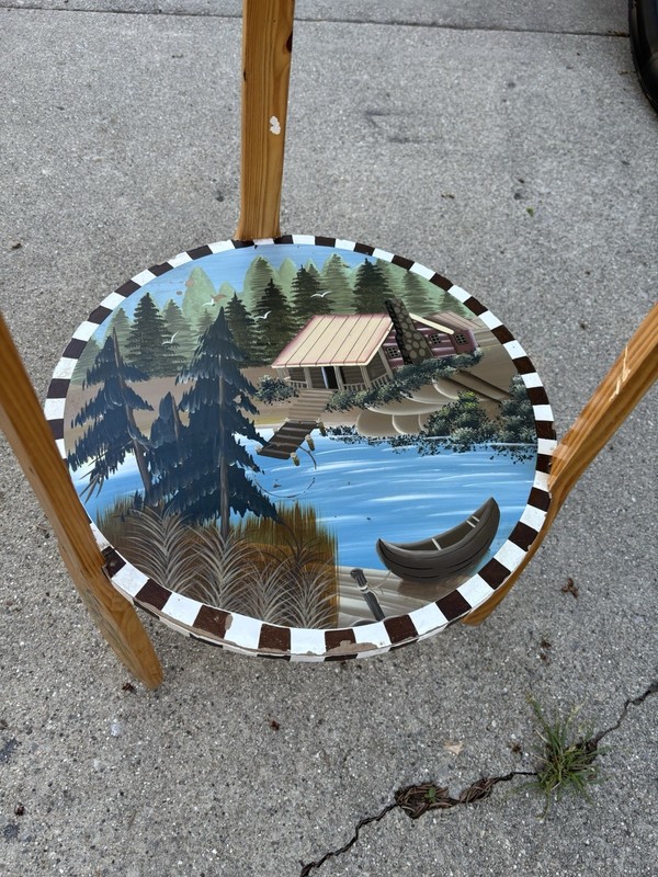 Wilderness Handpainted Scene Round 2 Tier Side Table w/ Oar Paddle Legs - Cabin gallery