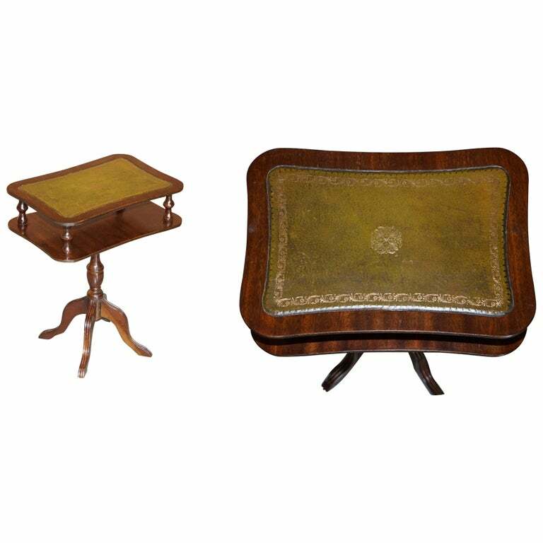 VINTAGE GREEN LEATHER & MAHOGANY TRIPOD MAGAZINE NEWSPAPER SIDE END LAMP TABLE