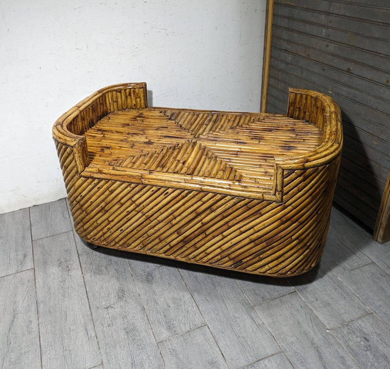 Vintage Mid Century Modern Boho Chic Coastal Split Bamboo Reed Table or Ottoman
