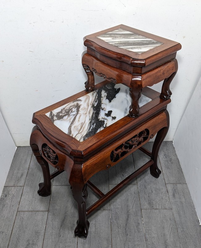 Vintage Asian Chinese Hand Carved Rosewood Marble 2-Tier Table Claw & Ball Feet