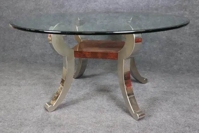 Large Milo Baughman Style Chrome and Burled Walnut Beveled Glass Table gallery