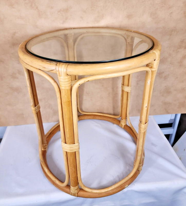 Vintage Rattan Bamboo Round Side End Table Glass Top MCM Tiki Boho Drum