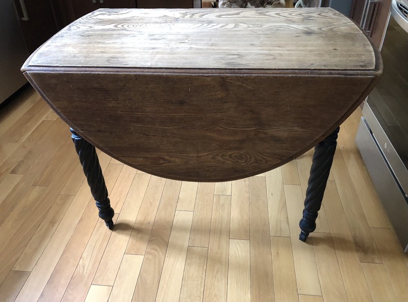 Antique Drop Leaf Wood Table Spiral Legs Casters Handsome Grain Rustic Farmhouse