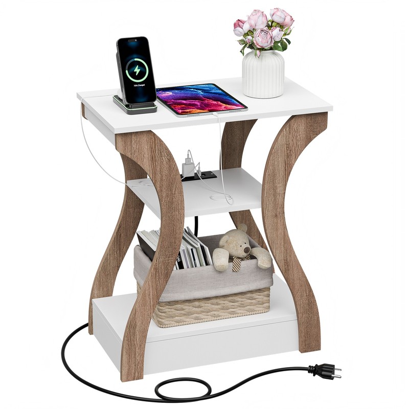 3 Tier End Tables with Charging Station Side Table with USB Ports & Outlet White
