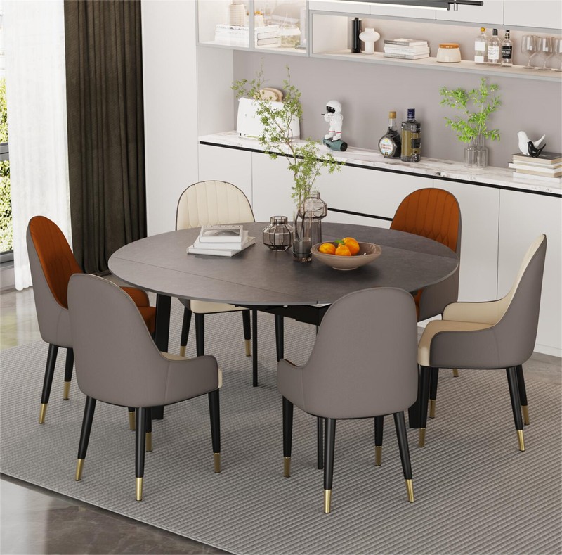 XXL Round Marble Dining Table & Leather Chair Extendable Restaurant Island Table gallery