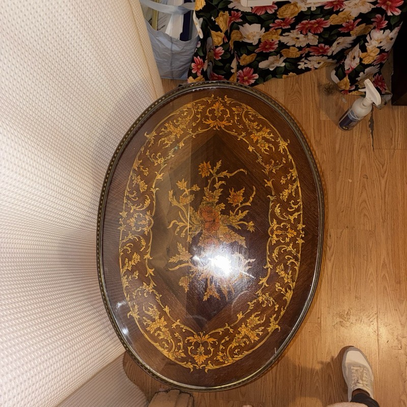 1900s Antique French Louis XV Walnut Marquetry inlay side table / end table gallery