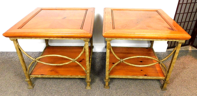NICE! Designer 26″ SQ Side Lamp Tables Elm Wood & Fancy Gold Antiqued Finish 80s
